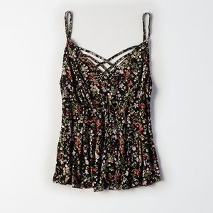 AMERICAN EAGLE STRAPPY FLORAL BLACK CAMI/ TANK XXS